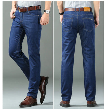 New Thin Denim Jeans Men's Blue Straight Stretch Cotton Pants High Quality Business Casual Lightweight Pants Summer Autumn