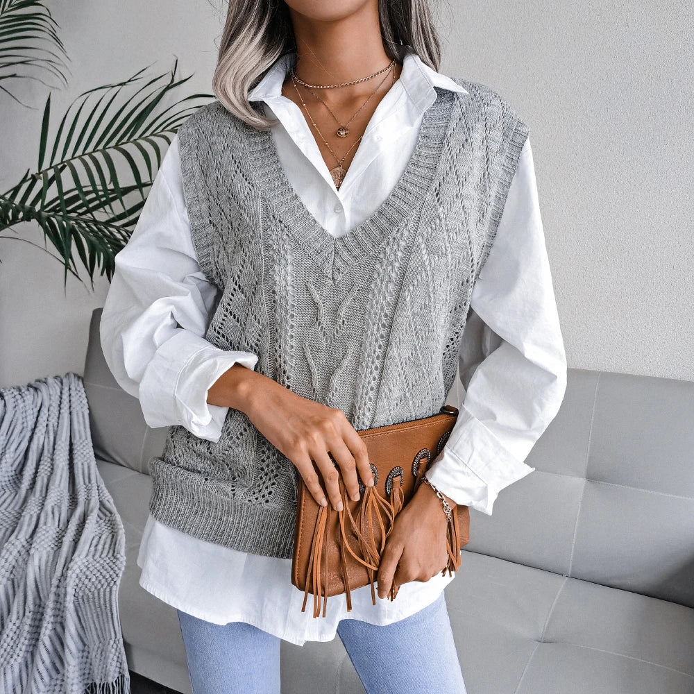 2023 Autumn Winter Women Knitted Sweater Vest Casual Sleeveless Pullovers