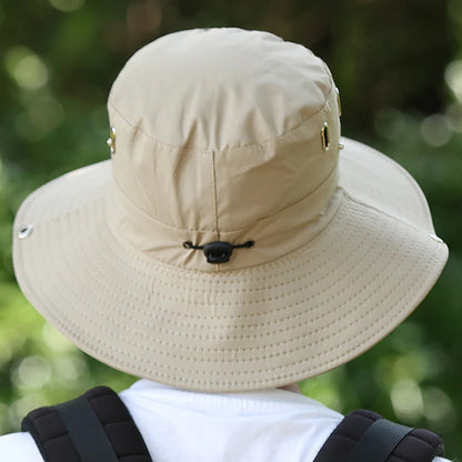 Windproof Men Outdoor Hat Wide Brim Flat Top Men Camping Hat Letter Print Anti-UV Strap Hollow Out Men Fisherman Hat Headwear