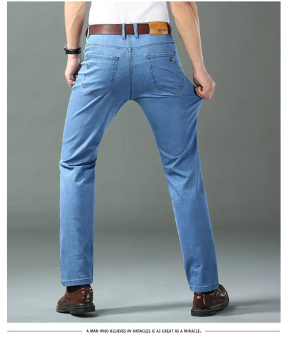 New Thin Denim Jeans Men's Blue Straight Stretch Cotton Pants High Quality Business Casual Lightweight Pants Summer Autumn