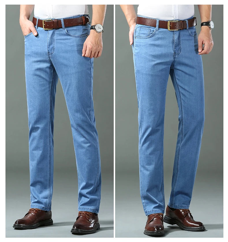 New Thin Denim Jeans Men's Blue Straight Stretch Cotton Pants High Quality Business Casual Lightweight Pants Summer Autumn