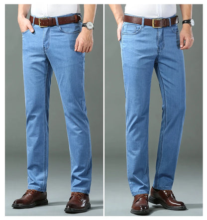 New Thin Denim Jeans Men's Blue Straight Stretch Cotton Pants High Quality Business Casual Lightweight Pants Summer Autumn