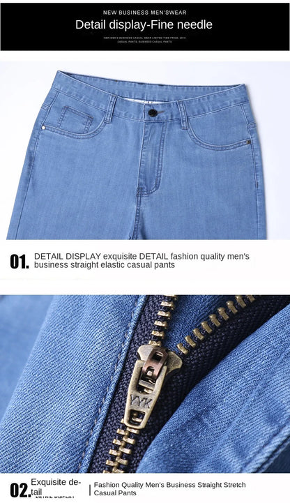 New Thin Denim Jeans Men's Blue Straight Stretch Cotton Pants High Quality Business Casual Lightweight Pants Summer Autumn