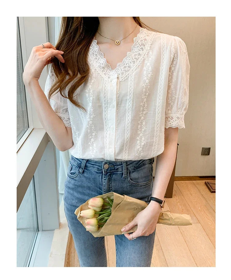 Summer Short Sleeve White Blouse Shirt Women Tops Blusas Mujer De Moda 2024 Verano Lace V-Neck Blouse Women Blouses Blusa F452