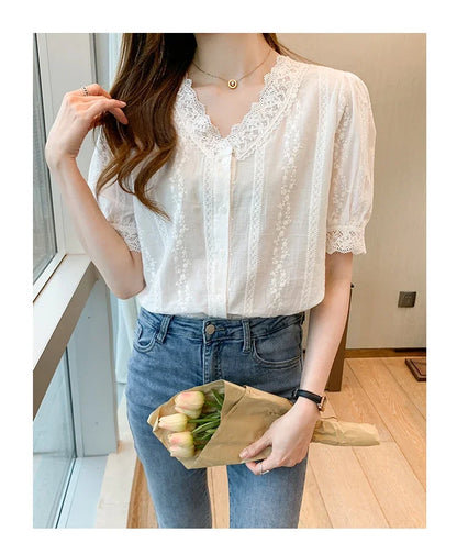 Summer Short Sleeve White Blouse Shirt Women Tops Blusas Mujer De Moda 2024 Verano Lace V-Neck Blouse Women Blouses Blusa F452