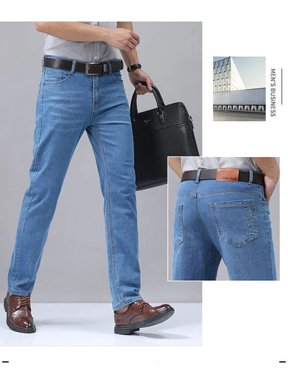 Summer Thin Men's Elastic Cotton Jeans Fashion Blue Comfortable Business Straight Casual Pants Brand Male Clothes Trousers