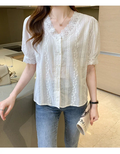 Summer Short Sleeve White Blouse Shirt Women Tops Blusas Mujer De Moda 2024 Verano Lace V-Neck Blouse Women Blouses Blusa F452