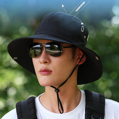 Windproof Men Outdoor Hat Wide Brim Flat Top Men Camping Hat Letter Print Anti-UV Strap Hollow Out Men Fisherman Hat Headwear