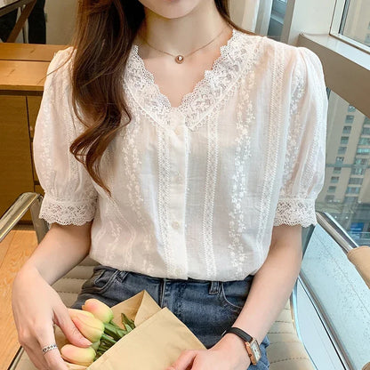Summer Short Sleeve White Blouse Shirt Women Tops Blusas Mujer De Moda 2024 Verano Lace V-Neck Blouse Women Blouses Blusa F452