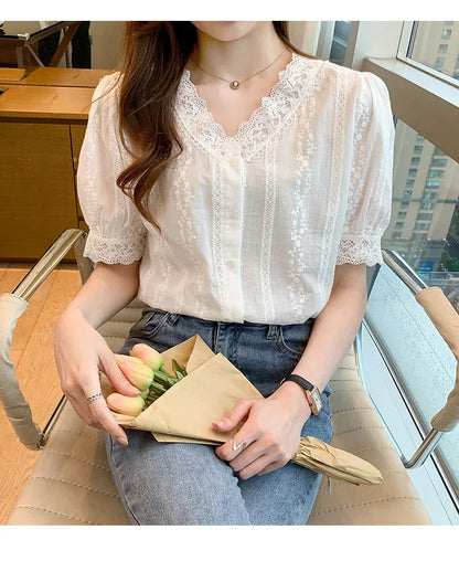 Summer Short Sleeve White Blouse Shirt Women Tops Blusas Mujer De Moda 2024 Verano Lace V-Neck Blouse Women Blouses Blusa F452
