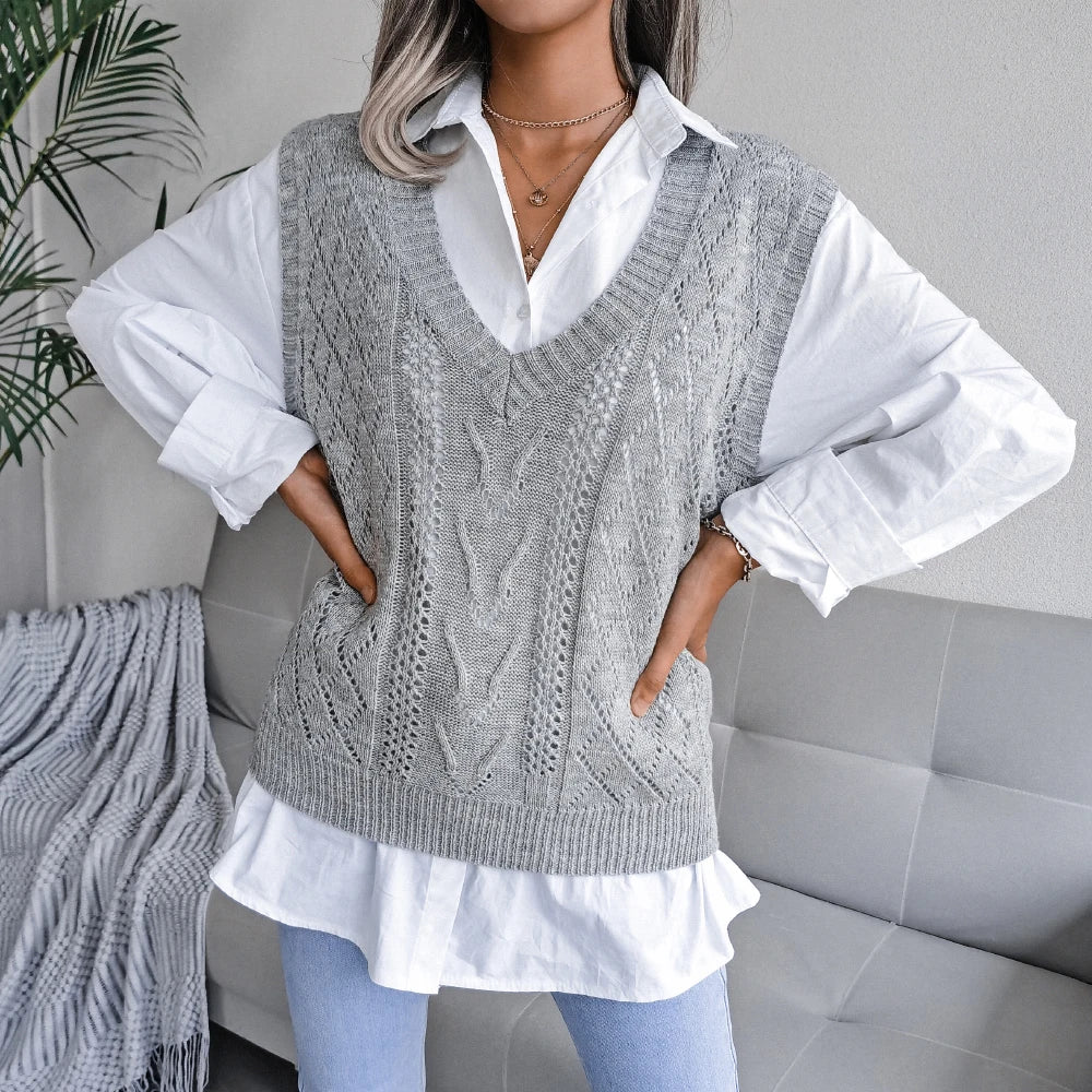 2023 Autumn Winter Women Knitted Sweater Vest Casual Sleeveless Pullovers