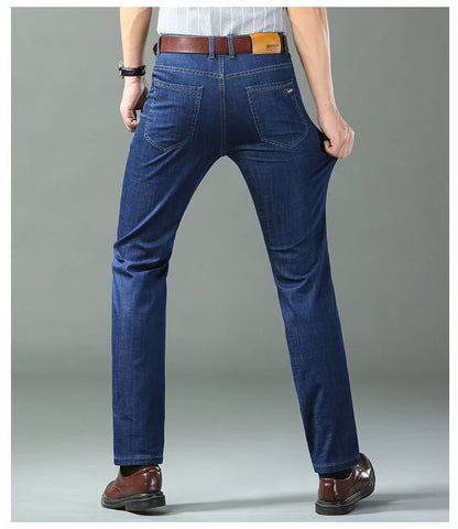 New Thin Denim Jeans Men's Blue Straight Stretch Cotton Pants High Quality Business Casual Lightweight Pants Summer Autumn