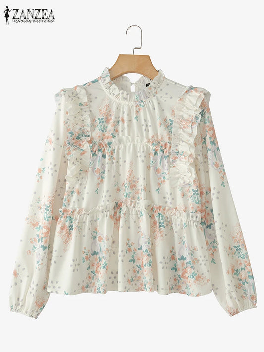 ZANZEA Floral Print Spring Summer Tiered Tops Bohemian Ruffle Trim Long Sleeve Versatile Blusas Mujer Casual Loose Women Blouses