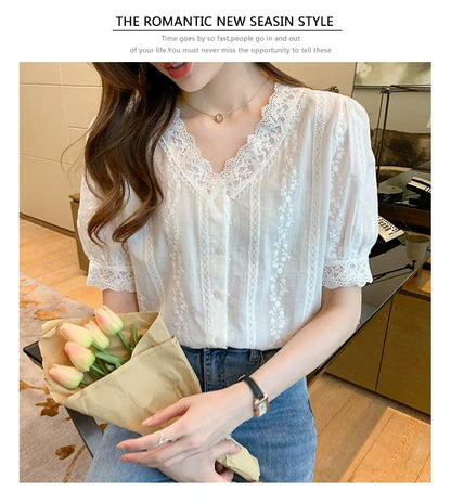 Summer Short Sleeve White Blouse Shirt Women Tops Blusas Mujer De Moda 2024 Verano Lace V-Neck Blouse Women Blouses Blusa F452