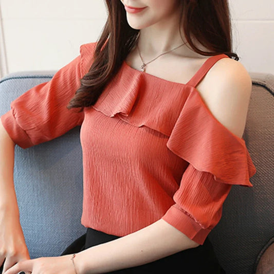 Blusas Mujer De Moda 2024 Summer Women Blouses Short Sleeve Chiffon Blouse Off Shoulder Blouse Tops Womens Tops And Blouses B381