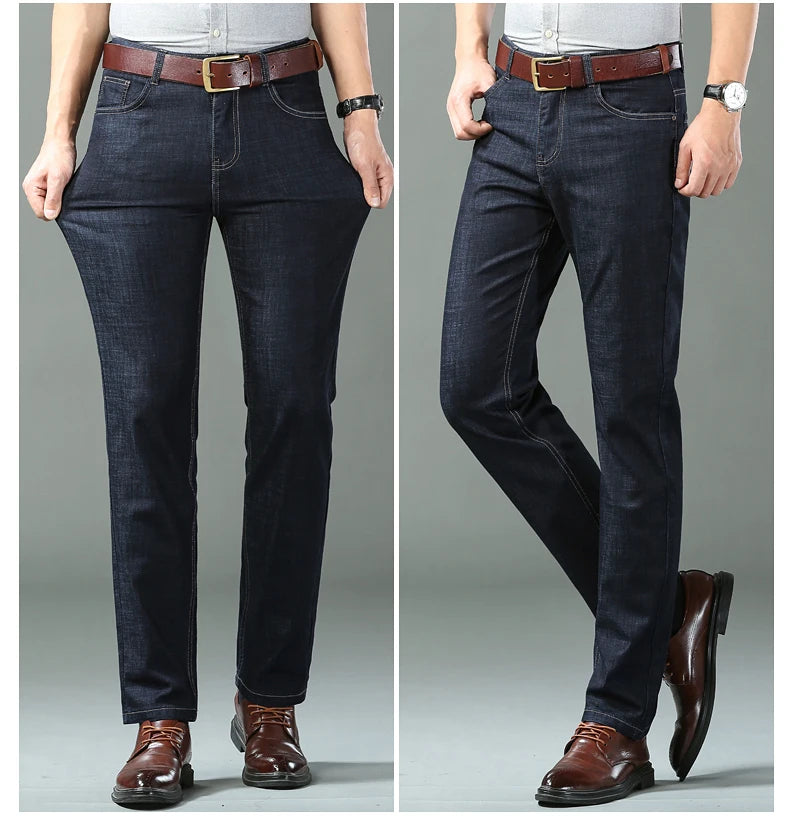 New Thin Denim Jeans Men's Blue Straight Stretch Cotton Pants High Quality Business Casual Lightweight Pants Summer Autumn