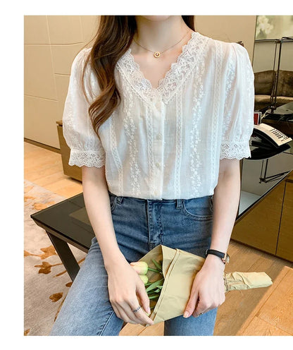Summer Short Sleeve White Blouse Shirt Women Tops Blusas Mujer De Moda 2024 Verano Lace V-Neck Blouse Women Blouses Blusa F452