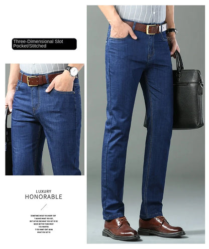 New Thin Denim Jeans Men's Blue Straight Stretch Cotton Pants High Quality Business Casual Lightweight Pants Summer Autumn