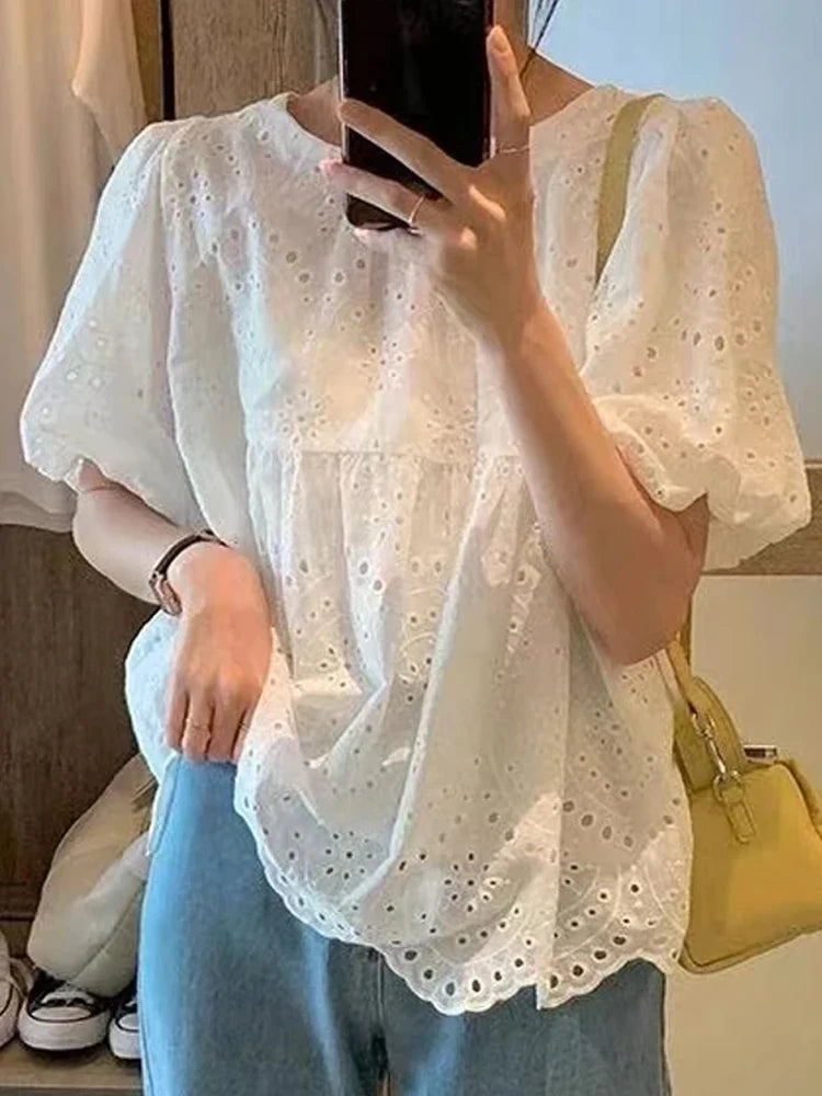 Summer French Style Embroidery Hollow Out Shirt New White Lace Blouse for Women Short Puff Sleeve Tops Round Collar Clothes 930