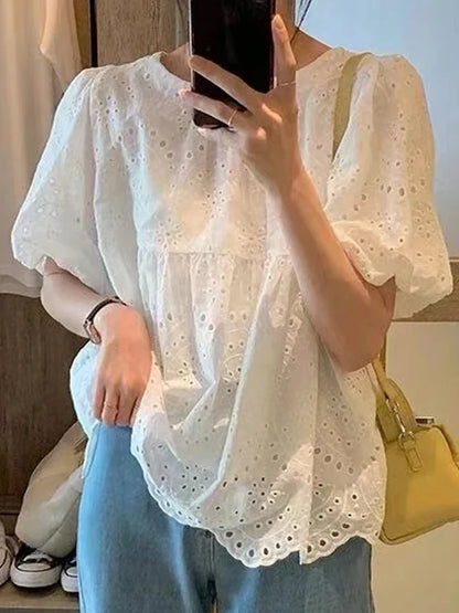 Summer French Style Embroidery Hollow Out Shirt New White Lace Blouse for Women Short Puff Sleeve Tops Round Collar Clothes 930