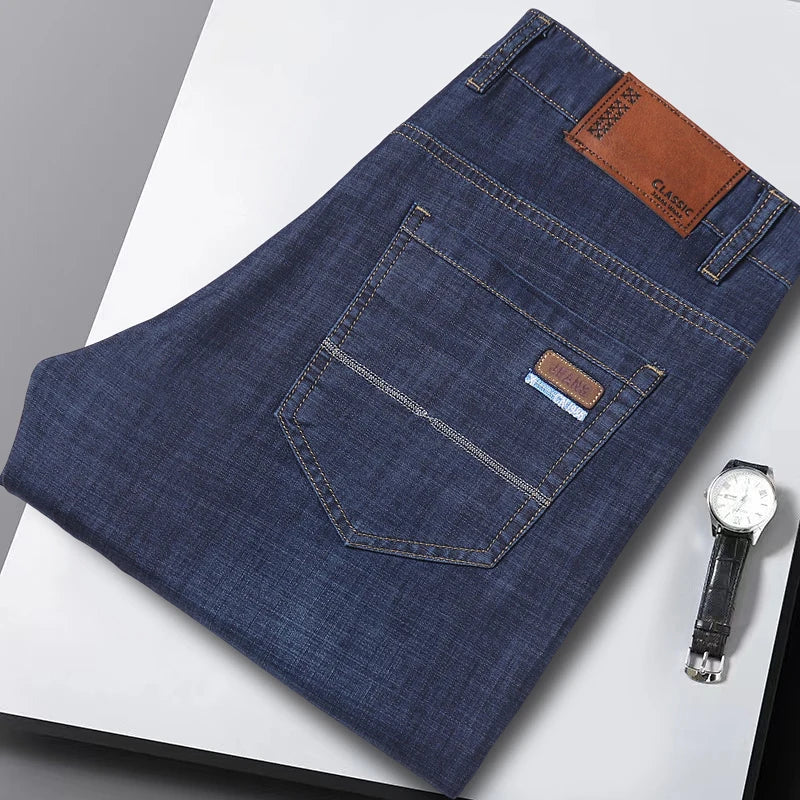 New Thin Denim Jeans Men's Blue Straight Stretch Cotton Pants High Quality Business Casual Lightweight Pants Summer Autumn