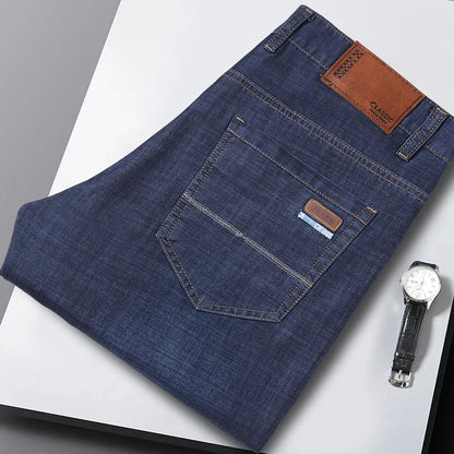 New Thin Denim Jeans Men's Blue Straight Stretch Cotton Pants High Quality Business Casual Lightweight Pants Summer Autumn