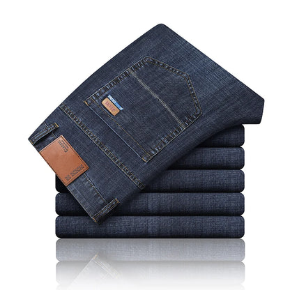 New Thin Denim Jeans Men's Blue Straight Stretch Cotton Pants High Quality Business Casual Lightweight Pants Summer Autumn