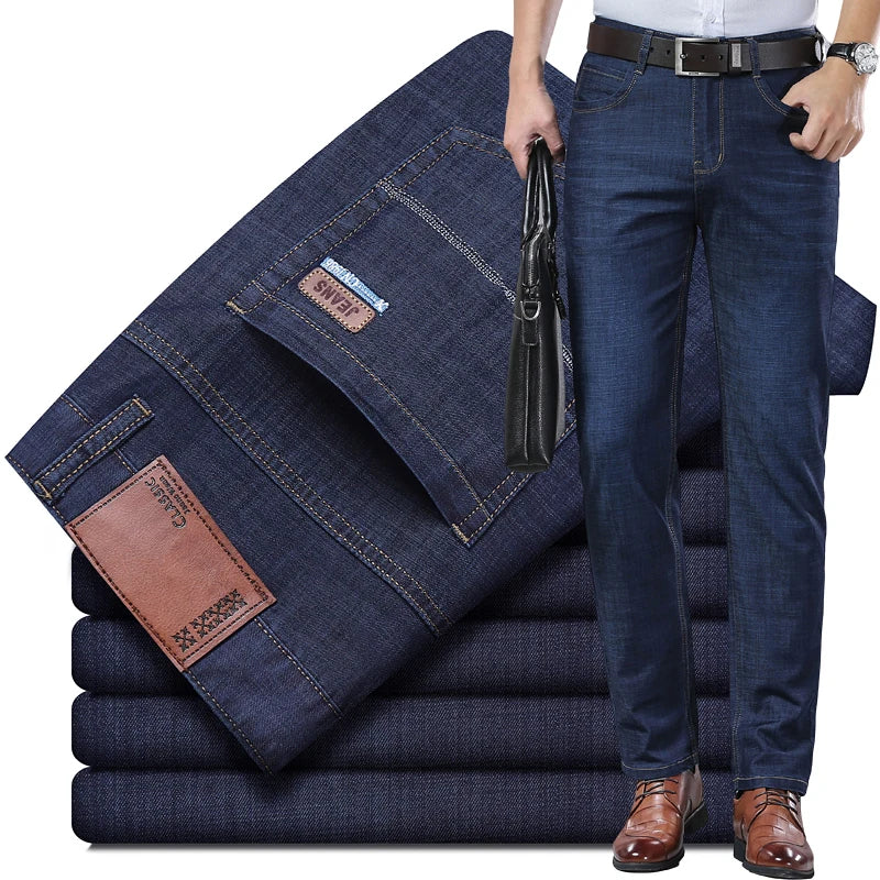 New Thin Denim Jeans Men's Blue Straight Stretch Cotton Pants High Quality Business Casual Lightweight Pants Summer Autumn