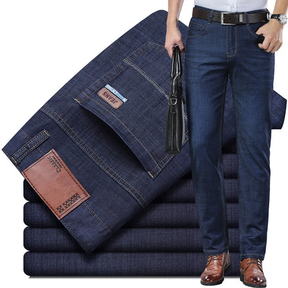 New Thin Denim Jeans Men's Blue Straight Stretch Cotton Pants High Quality Business Casual Lightweight Pants Summer Autumn