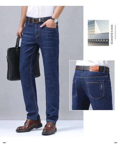 Summer Thin Men's Elastic Cotton Jeans Fashion Blue Comfortable Business Straight Casual Pants Brand Male Clothes Trousers
