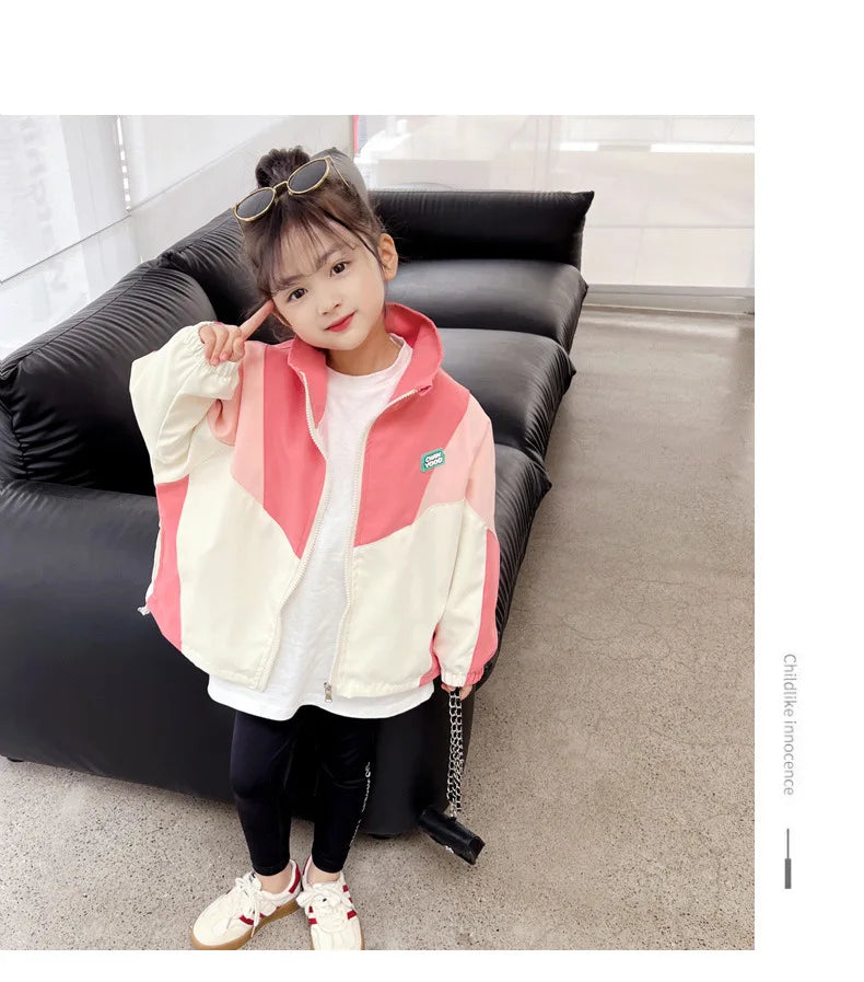 Spring Autumn Girls Coat Long Style Adjustable Waist Design Hooded Sweatshirt For Kdis Children Outdoor Windbreaker Outerwear