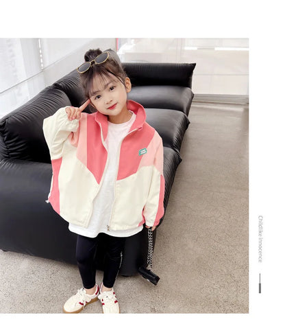 Spring Autumn Girls Coat Long Style Adjustable Waist Design Hooded Sweatshirt For Kdis Children Outdoor Windbreaker Outerwear