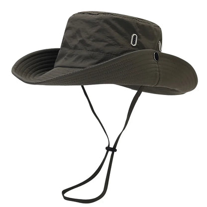 Windproof Men Outdoor Hat Wide Brim Flat Top Men Camping Hat Letter Print Anti-UV Strap Hollow Out Men Fisherman Hat Headwear