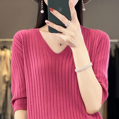 Women's Sweater Spring Summer Short Sleeve V-neck Knit Shirt Casual Korean Pullovers Stripe Bottoming Shirt Slim Fit Jumpers