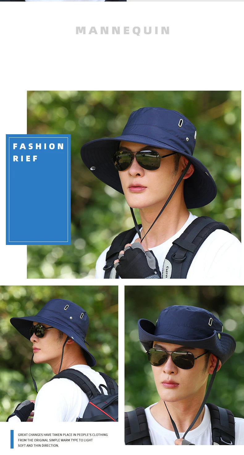 Windproof Men Outdoor Hat Wide Brim Flat Top Men Camping Hat Letter Print Anti-UV Strap Hollow Out Men Fisherman Hat Headwear