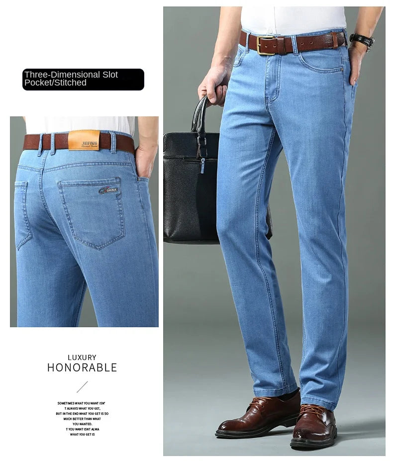 New Thin Denim Jeans Men's Blue Straight Stretch Cotton Pants High Quality Business Casual Lightweight Pants Summer Autumn