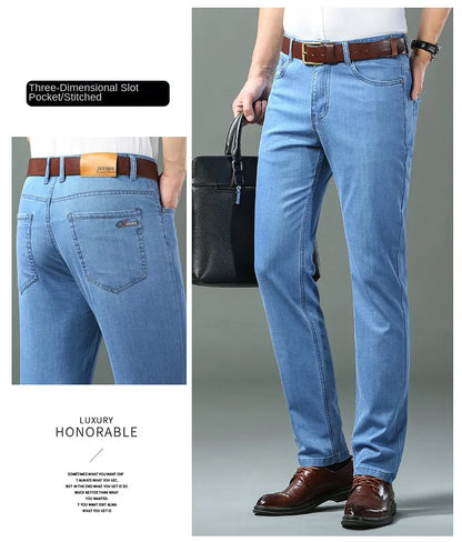 New Thin Denim Jeans Men's Blue Straight Stretch Cotton Pants High Quality Business Casual Lightweight Pants Summer Autumn