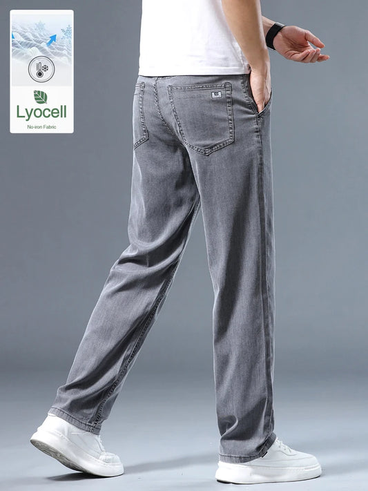Summer Thin Men's Loose Straight Jeans Lyocell Soft Drape Business Casual Trousers Classic Smoke Gray Brand Ice Silk Pants