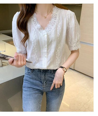 Summer Short Sleeve White Blouse Shirt Women Tops Blusas Mujer De Moda 2024 Verano Lace V-Neck Blouse Women Blouses Blusa F452