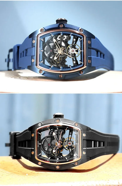 MEGIR Men's Automatic Mechanical Watch with Stainless Steel Case Silicone Band Skeleton Dial Waterproof Sport Wristwatch