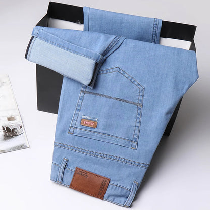 New Thin Denim Jeans Men's Blue Straight Stretch Cotton Pants High Quality Business Casual Lightweight Pants Summer Autumn