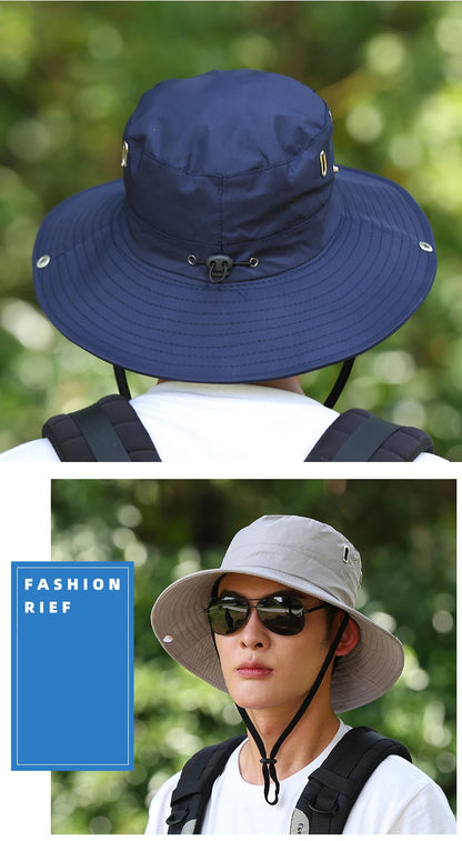 Windproof Men Outdoor Hat Wide Brim Flat Top Men Camping Hat Letter Print Anti-UV Strap Hollow Out Men Fisherman Hat Headwear