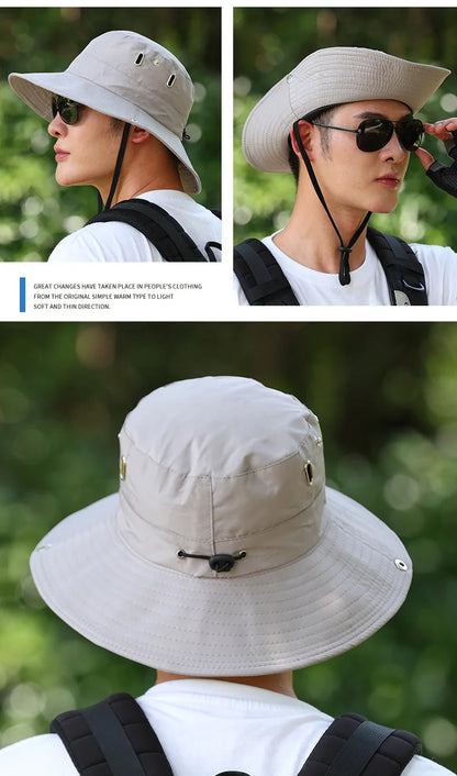 Windproof Men Outdoor Hat Wide Brim Flat Top Men Camping Hat Letter Print Anti-UV Strap Hollow Out Men Fisherman Hat Headwear