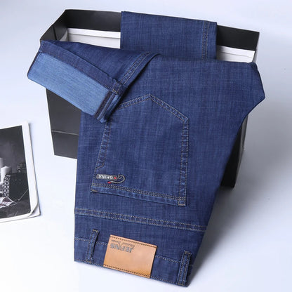 New Thin Denim Jeans Men's Blue Straight Stretch Cotton Pants High Quality Business Casual Lightweight Pants Summer Autumn