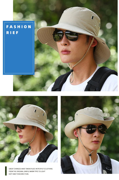 Windproof Men Outdoor Hat Wide Brim Flat Top Men Camping Hat Letter Print Anti-UV Strap Hollow Out Men Fisherman Hat Headwear