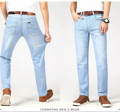 Wthinlee Spring Summer Business Jeans Men Light Blue Casual Straight Stretch Fashion Classic Work Denim Trousers Brand Clothing