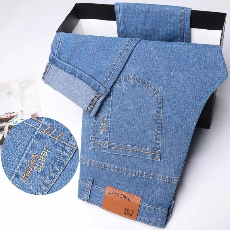 Summer Thin Men's Elastic Cotton Jeans Fashion Blue Comfortable Business Straight Casual Pants Brand Male Clothes Trousers