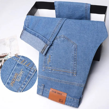 Summer Thin Men's Elastic Cotton Jeans Fashion Blue Comfortable Business Straight Casual Pants Brand Male Clothes Trousers