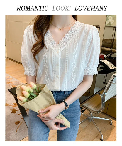 Summer Short Sleeve White Blouse Shirt Women Tops Blusas Mujer De Moda 2024 Verano Lace V-Neck Blouse Women Blouses Blusa F452