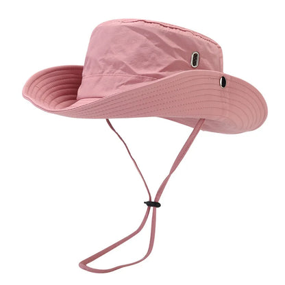 Windproof Men Outdoor Hat Wide Brim Flat Top Men Camping Hat Letter Print Anti-UV Strap Hollow Out Men Fisherman Hat Headwear